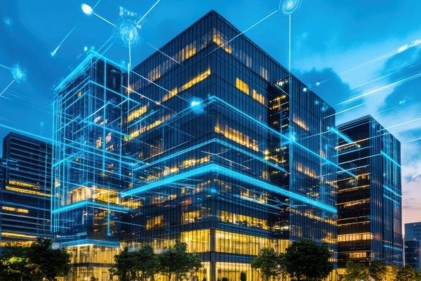Modernes Bürogebäude mit leuchtenden digitalen Netzwerk- und Sensorgrafiken